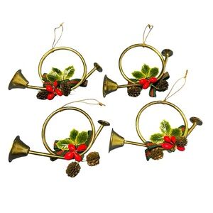 Vintage Brass French Horn Christmas Tree Ornament Ribbon Pine Cones Holly Bugles